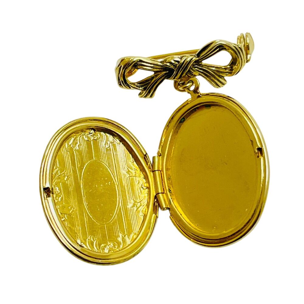 Vintage gold tone bow dangle locket designer brooch - Picture 2 of 4